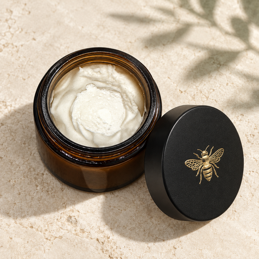 Open amber jar of white whipped tallow balm beside a black lid with a gold bee